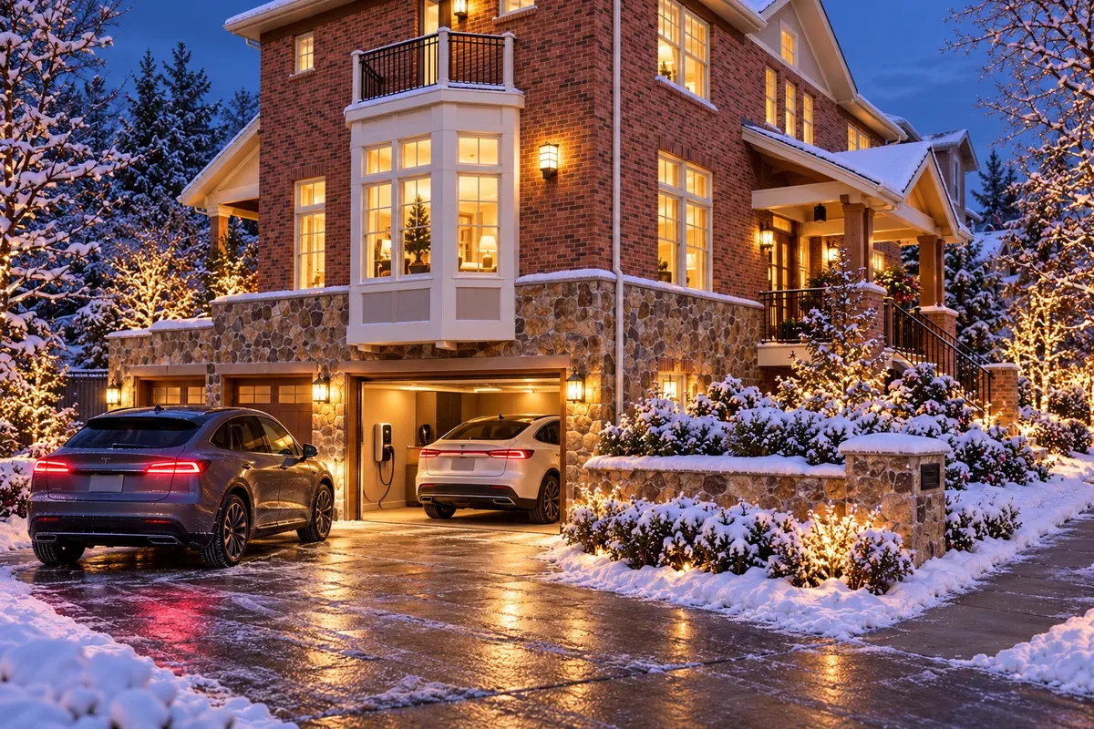 Attached garage with an EV charger and a car in the driveway on a snowy evening