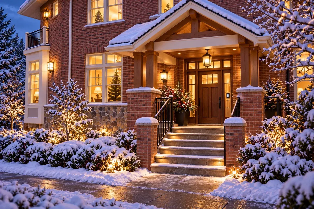 Covered front porch and entry steps of the brick residence on a snowy evening