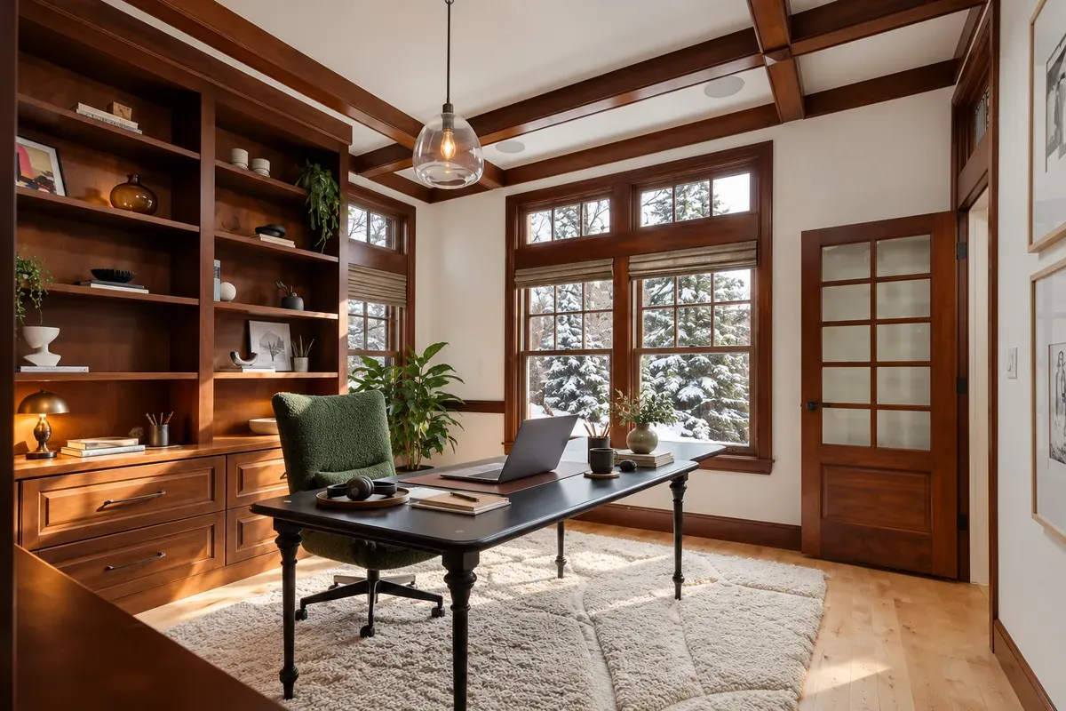 Home office with built-in wood shelving, a desk, and snowy trees outside the windows
