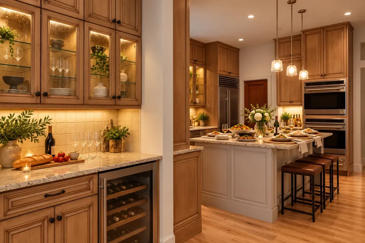 Warmly lit kitchen with glass-front cabinets, a wine refrigerator, and dinner set on the island