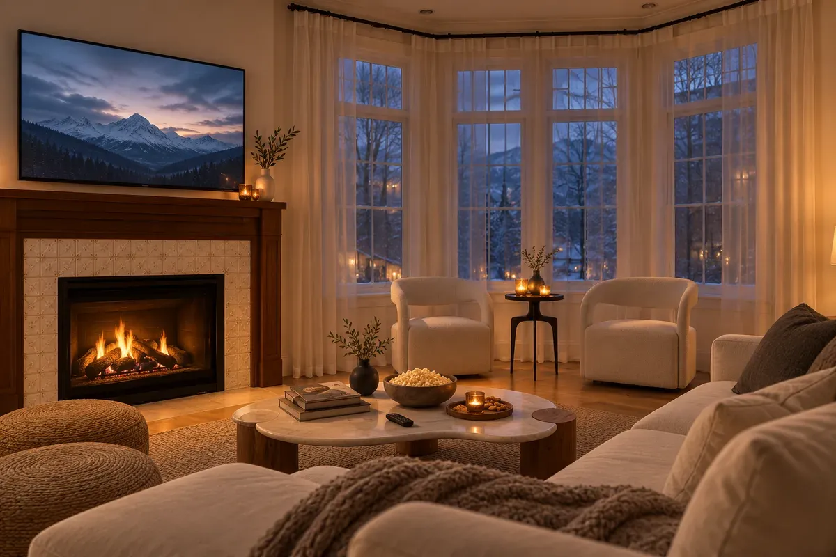 Living room at night with a wall-mounted TV over the lit fireplace