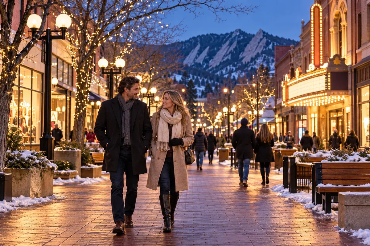 Couple walking along a snowy Pearl Street Mall at dusk, with the Flatirons beyond